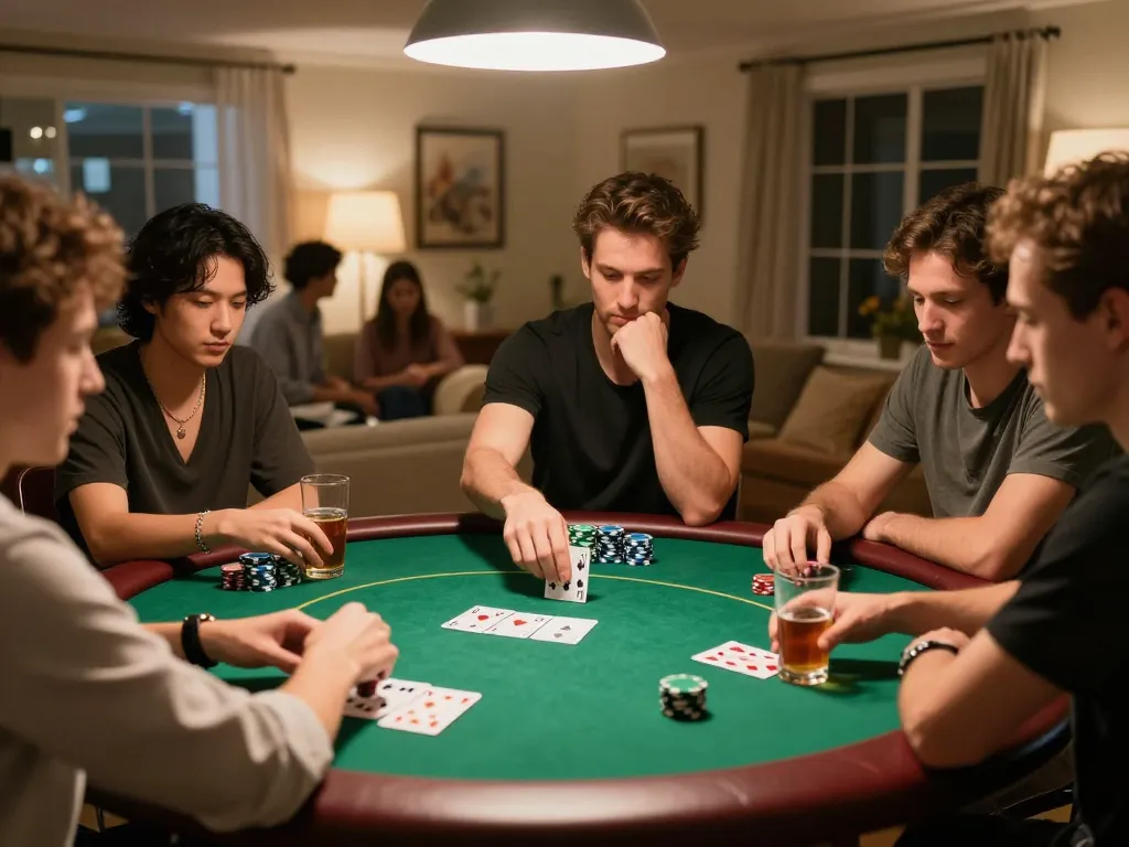 KÈO TRỰC TUYẾN players showing winning hands during a lively home poker night.