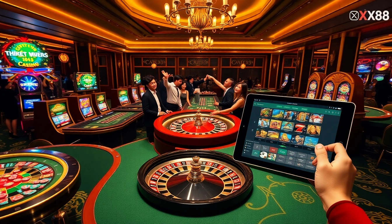 Experience the thrill of gambling at Trang chủ XX88, featuring vibrant casino tables and exciting slot machines.