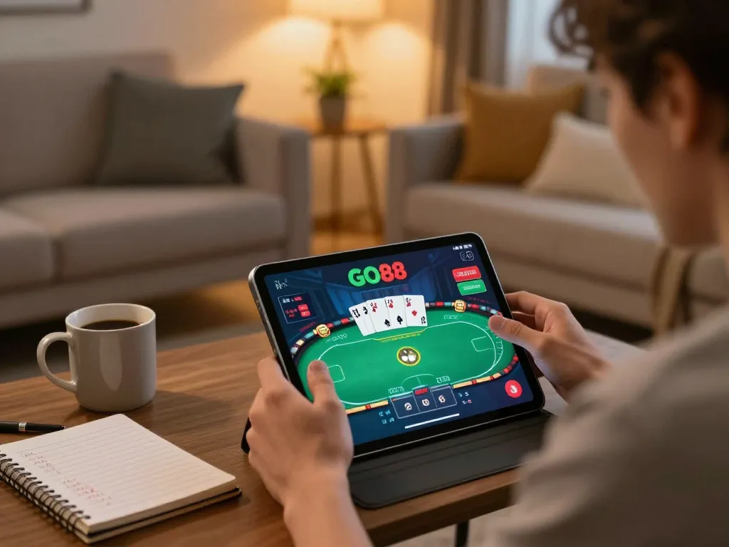 Engaging in a poker game on GO88 app displayed on a tablet in a cozy home setting.