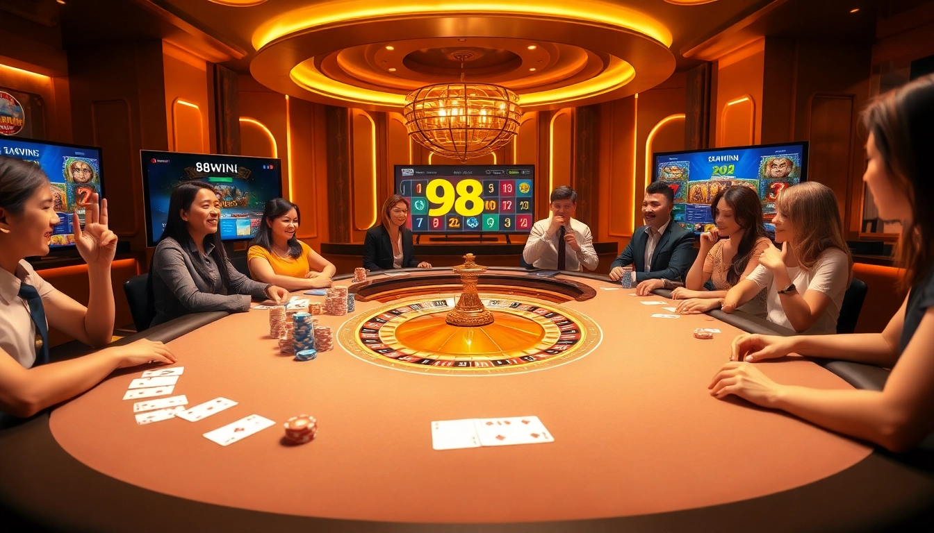 Exciting gaming scene at 98win casino featuring roulette and poker chips.