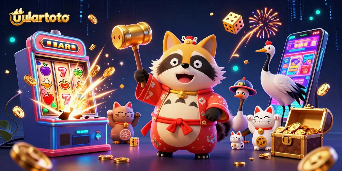 Engage with ulartoto slots featuring a cheerful tanuki, jackpot coins, and vibrant casino graphics.