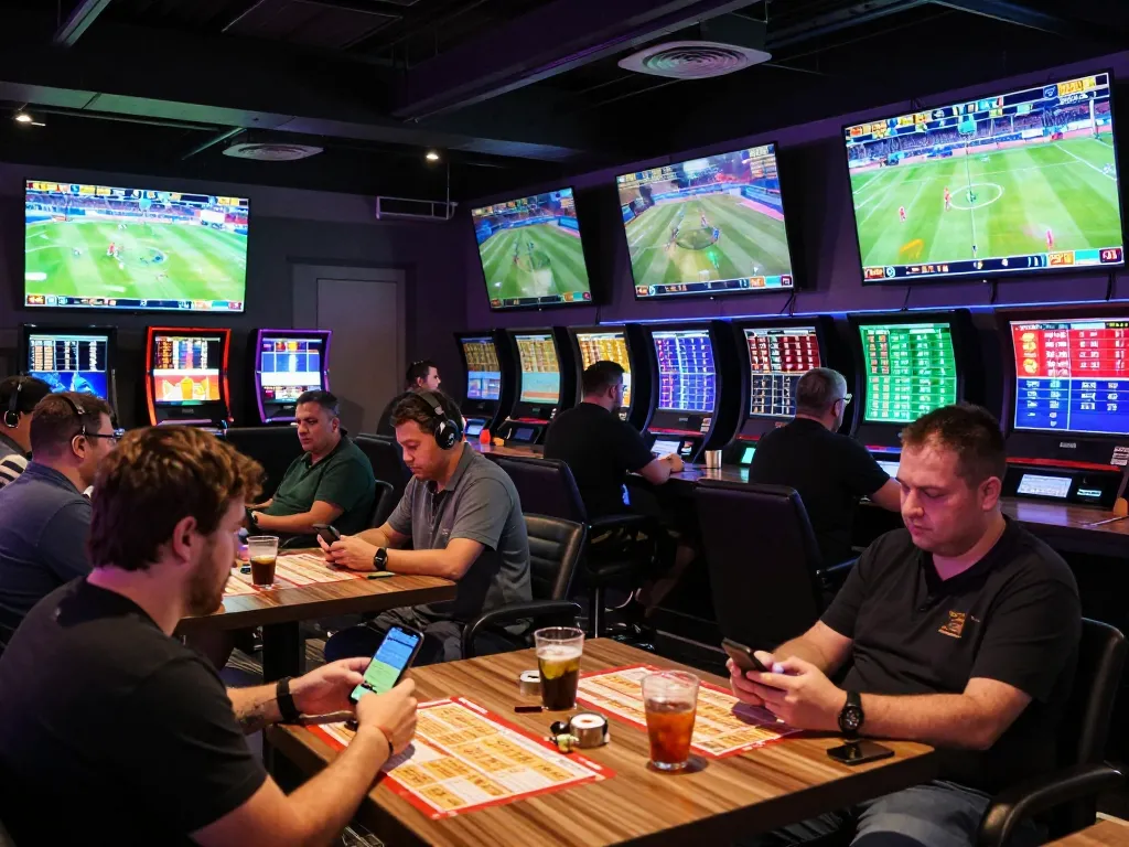 Engaged gamblers placing bets on Bong99 in a vibrant sports betting lounge filled with excitement.