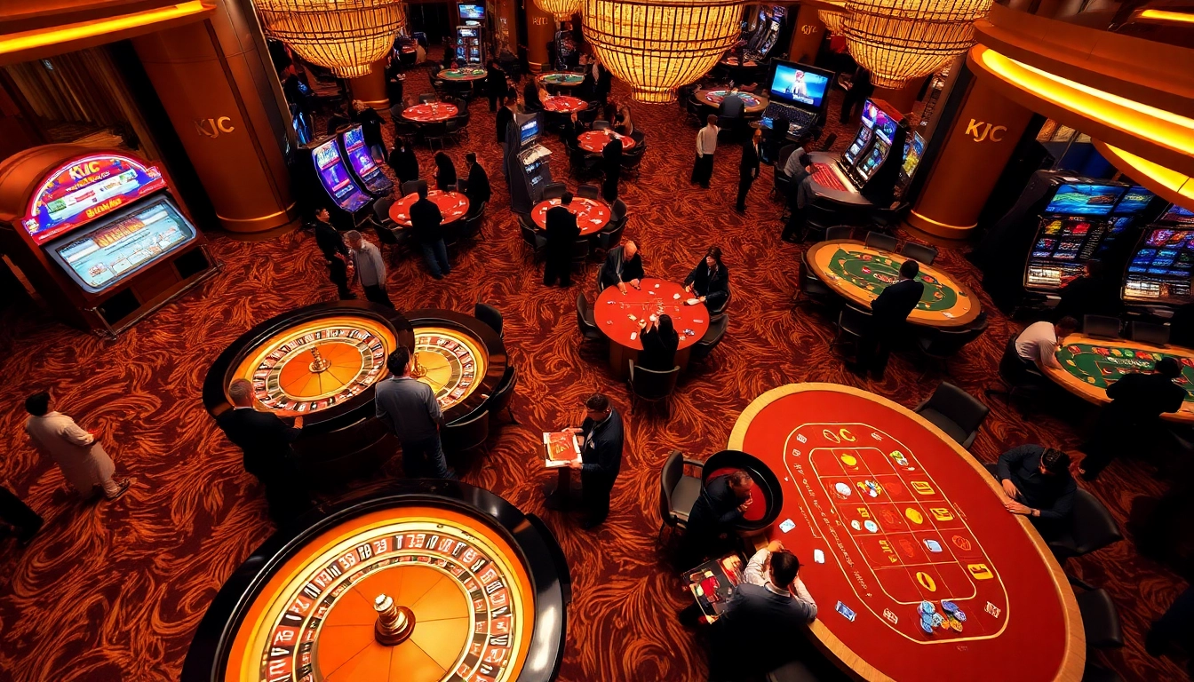 KJC gaming experience at a luxury casino featuring roulette and poker tables.