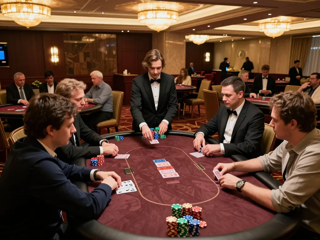 O8 poker game showcasing intense players and high stakes under warm casino lights