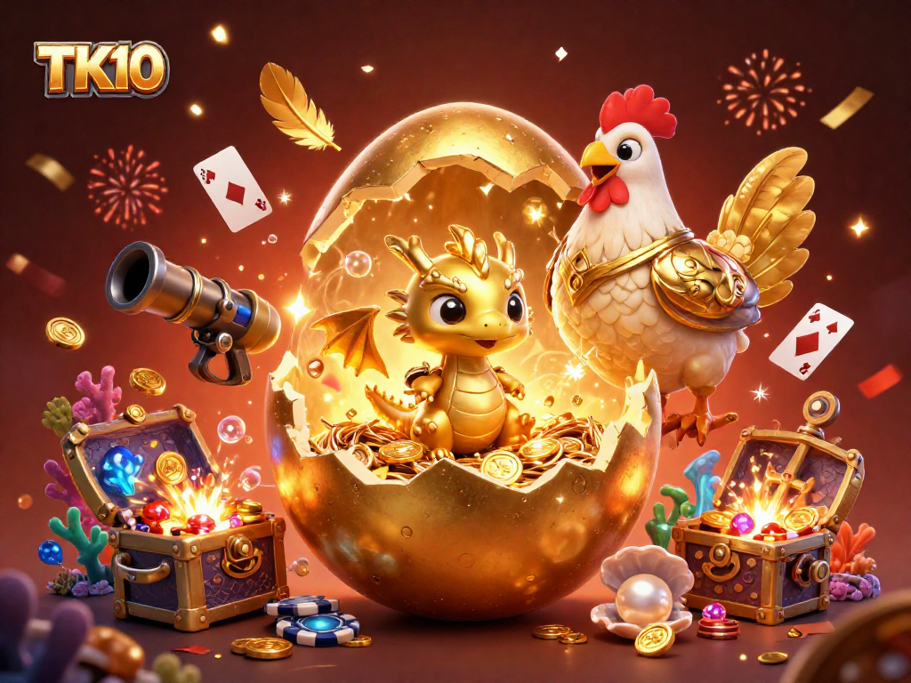 Experience thrilling bets at TK10 with golden dragon and poker chips in a vibrant casino scene.