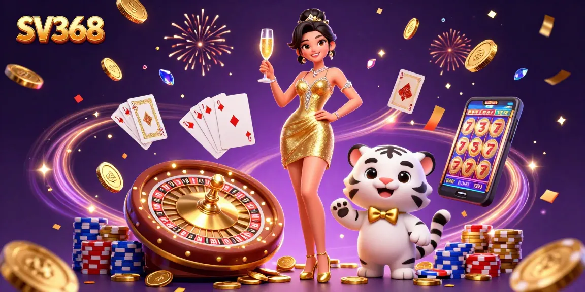 Engage in thrilling SV368 adventures with a glamorous woman and lucky tiger, surrounded by casino excitement.