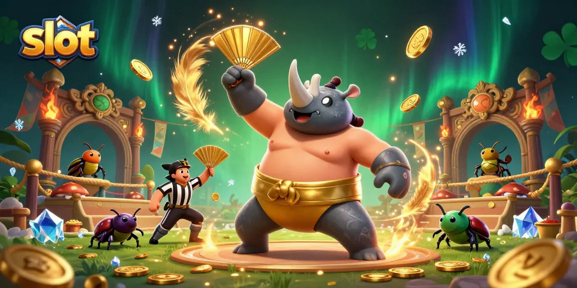 Experience thrilling slot action with a rhinoceros beetle champion amidst flying gold coins.