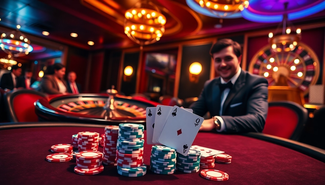 Players engaged in high-stakes poker at OK365 com, featuring vibrant casino elements.