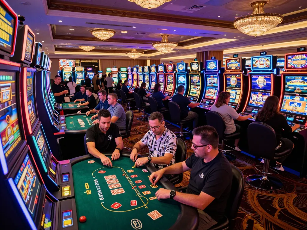 Experience GA88 excitement with players engaging in colorful slot machines in a lively casino.