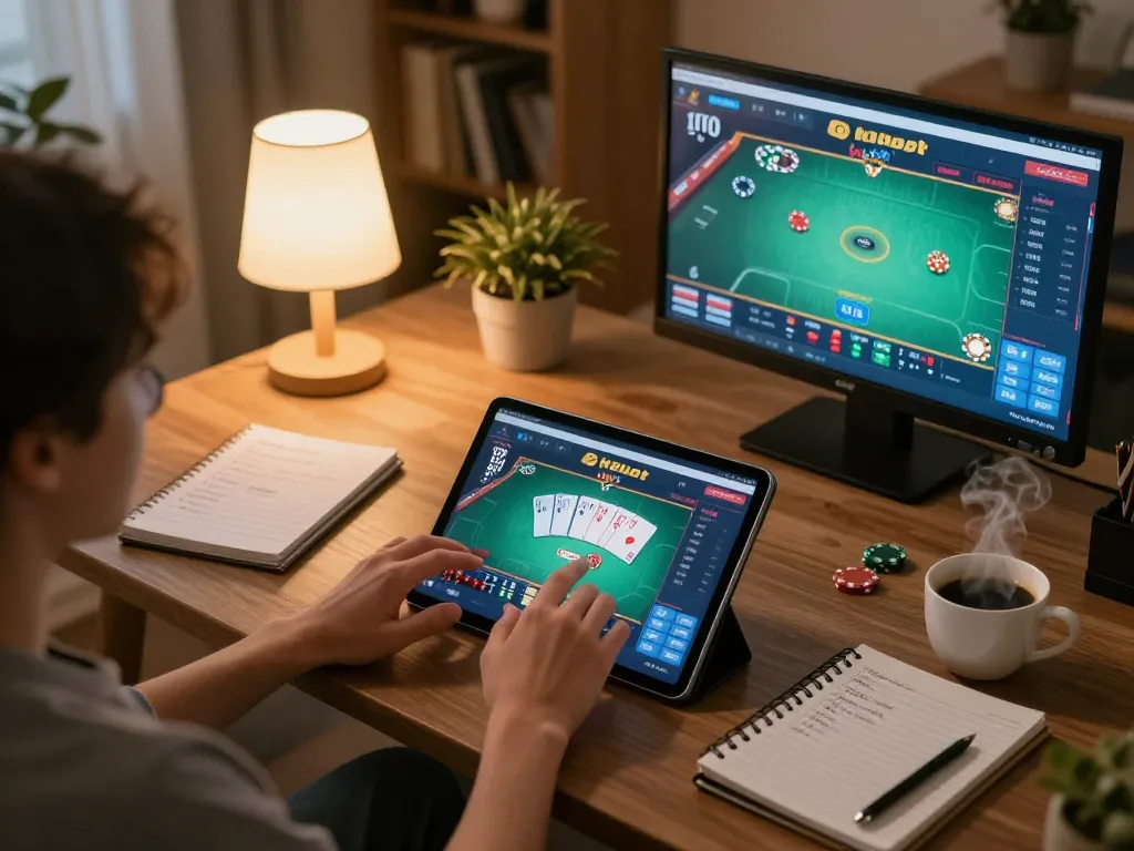 Engaged player exploring kdslot game interface on tablet in cozy home setting