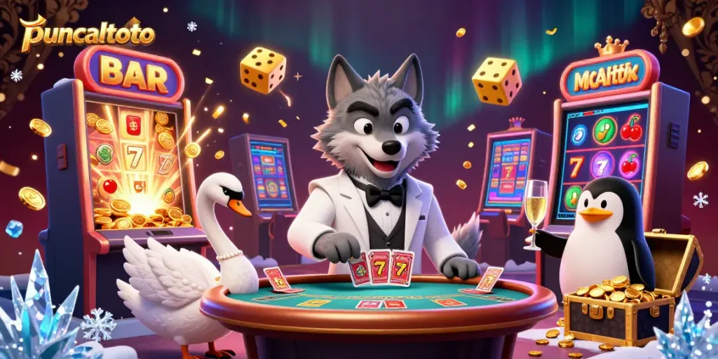 Puncaktoto menghadirkan dunia kasino dengan ilustrasi 3D karakter kartun dalam suasana baccarat yang megah.