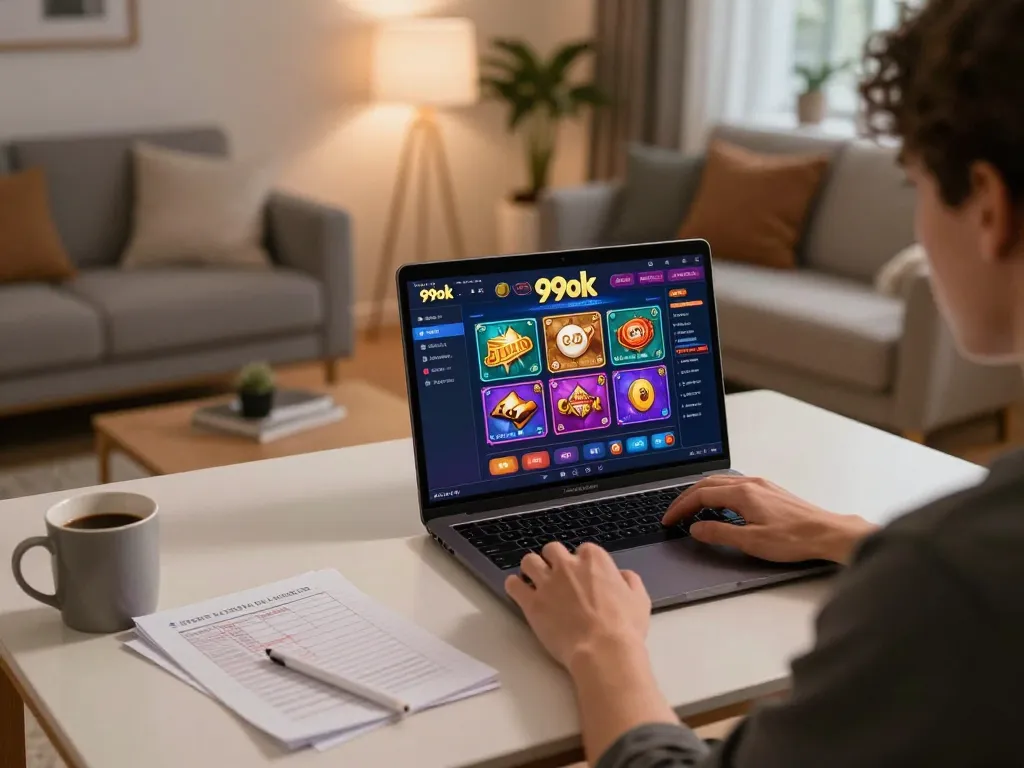 Person enjoying online casino games at home on a laptop, featuring 99ok interface.