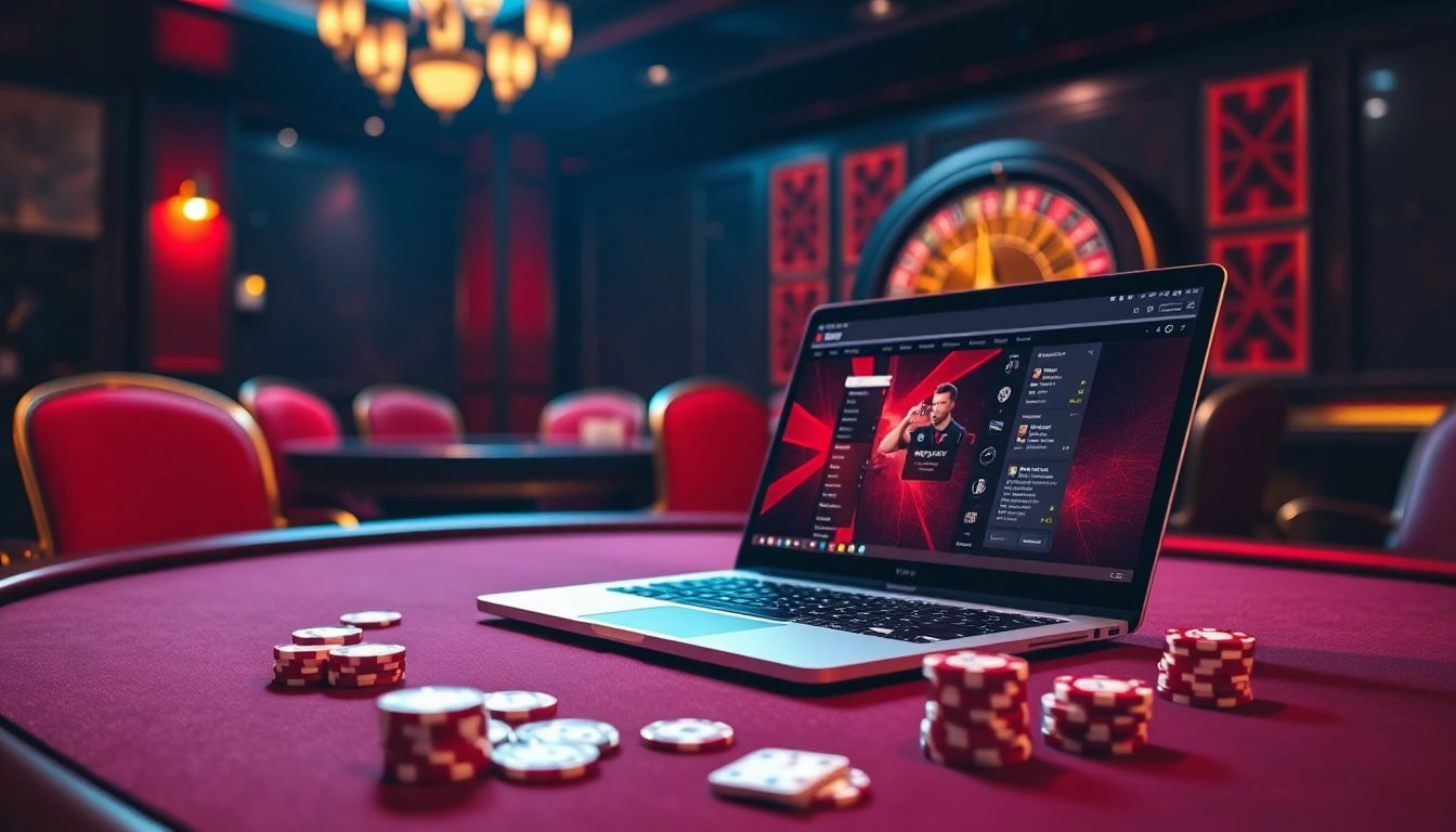 Experience the thrill of gaming at 12BET with a vibrant casino setting showcasing poker and online interfaces.