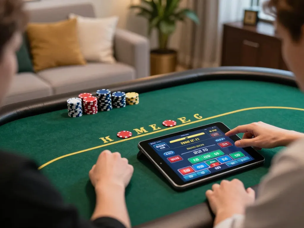 VK88 player enjoying strategic online poker game on tablet while seated comfortably at home