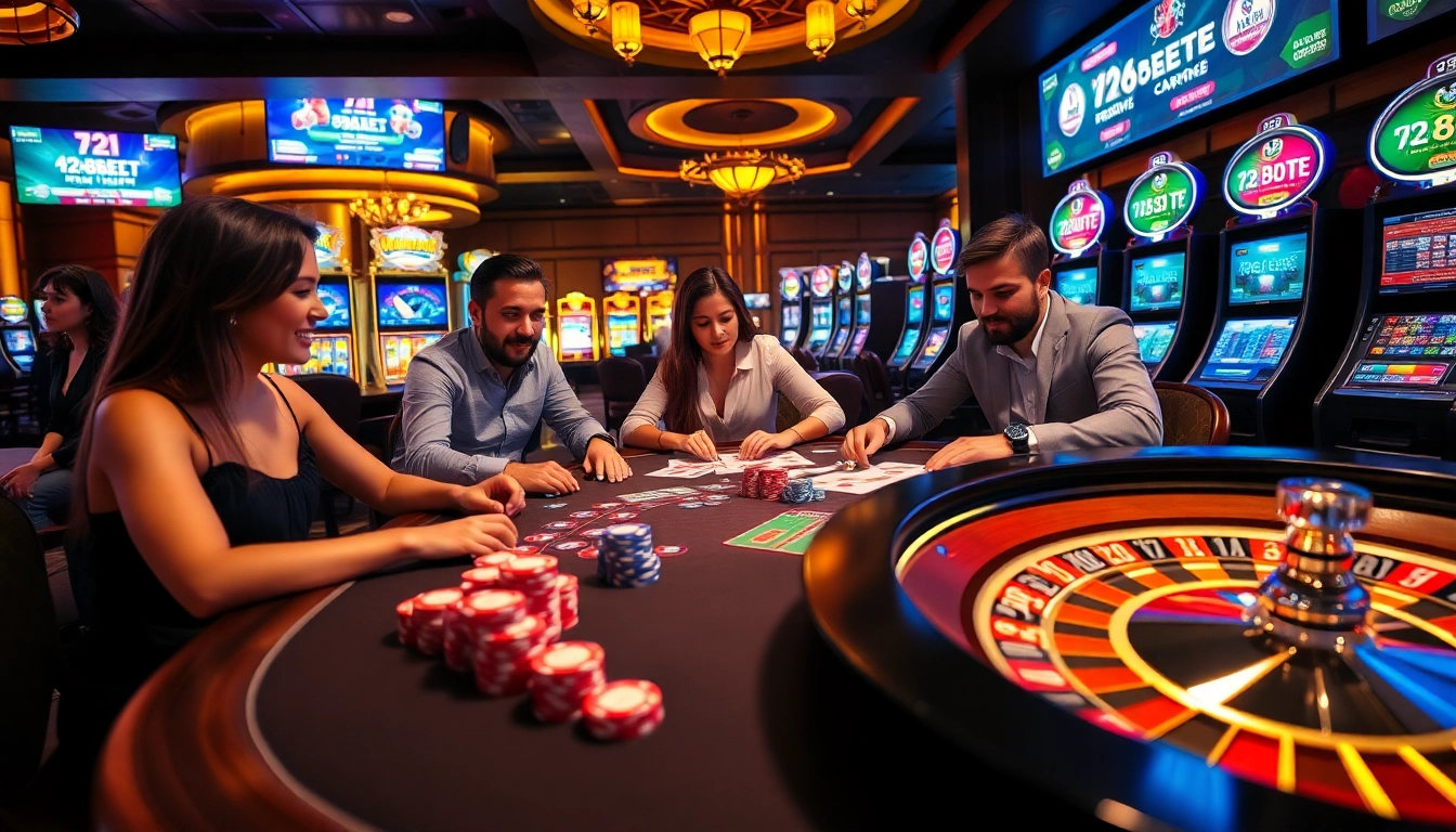 Experience high-stakes action at e2bet's luxurious casino tables with vibrant poker chips and roulette wheels.