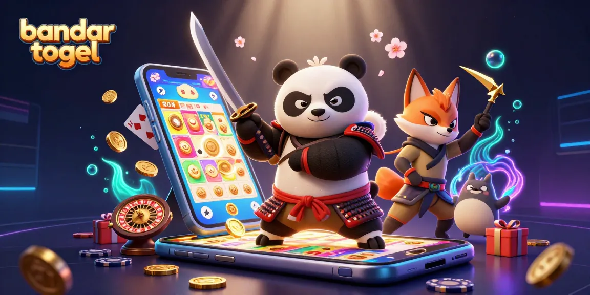 Engage in bandar togel with a vibrant 3D illustration showcasing samurai panda and ninja fox amidst dynamic casino elements.