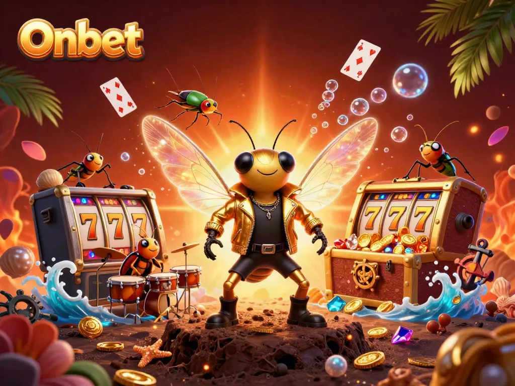 Win big with Onbet as a cartoon cicada rock star in a vibrant casino scene of rich jackpots.