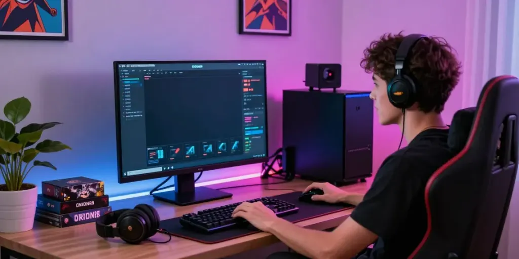 Passionate gamer enjoying ORION88 in a vibrant home office setting.