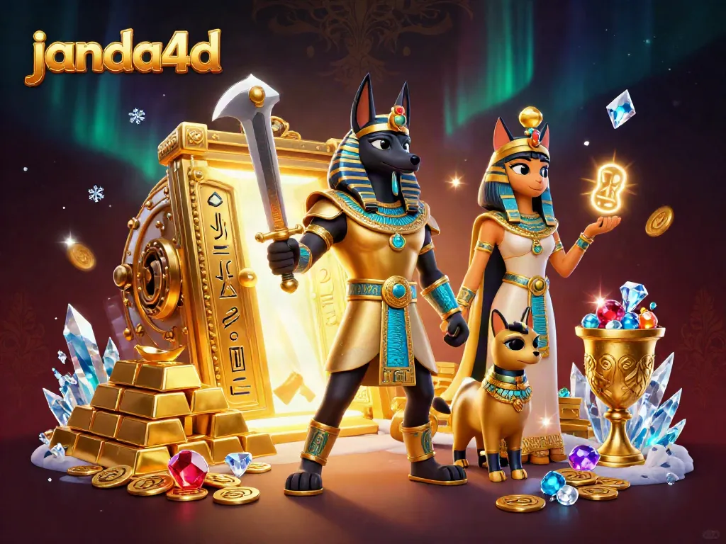 janda4d menampilkan Anubis dan Bastet dikelilingi harta karun kasino 4D yang berkilauan