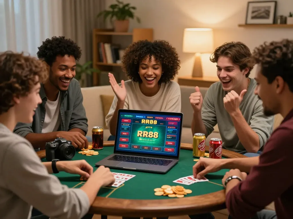 Engaged friends playing poker on RR88 online casino in a cozy living room.
