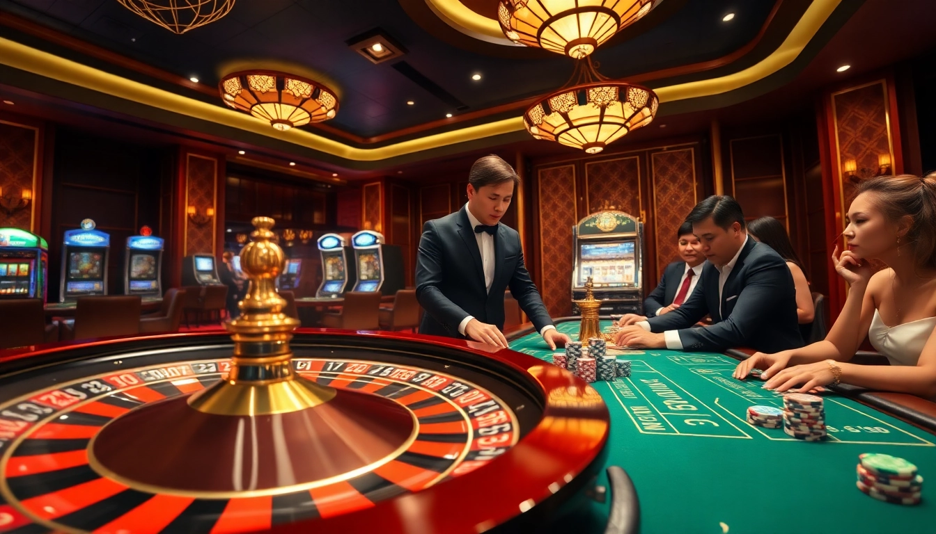 Lô Đề Trực Tuyến - Exciting scene at a casino with players engaging in a thrilling poker game.