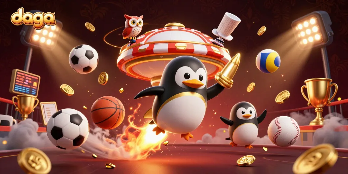 Experience thrilling moments at daga with a golden penguin soaring towards a giant poker chip casino.