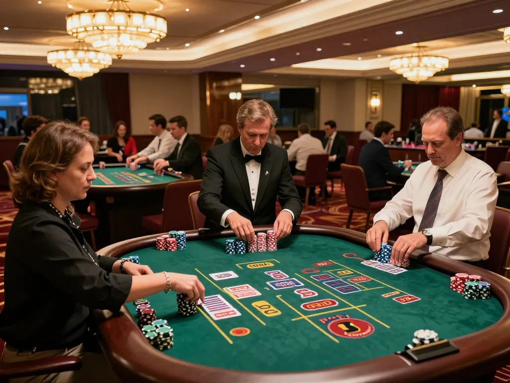 Engaged players enjoying blackjack and roulette at urbanchandy casino with vibrant atmosphere.
