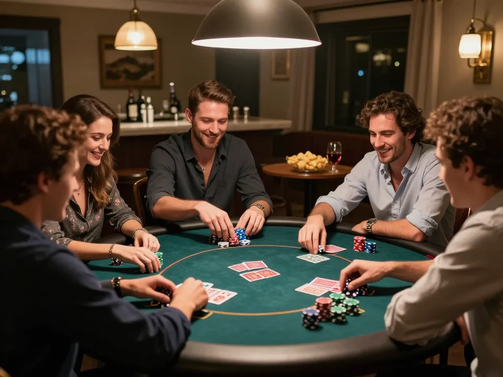 Players engage in poker strategy during friendly home game night with debet insights.