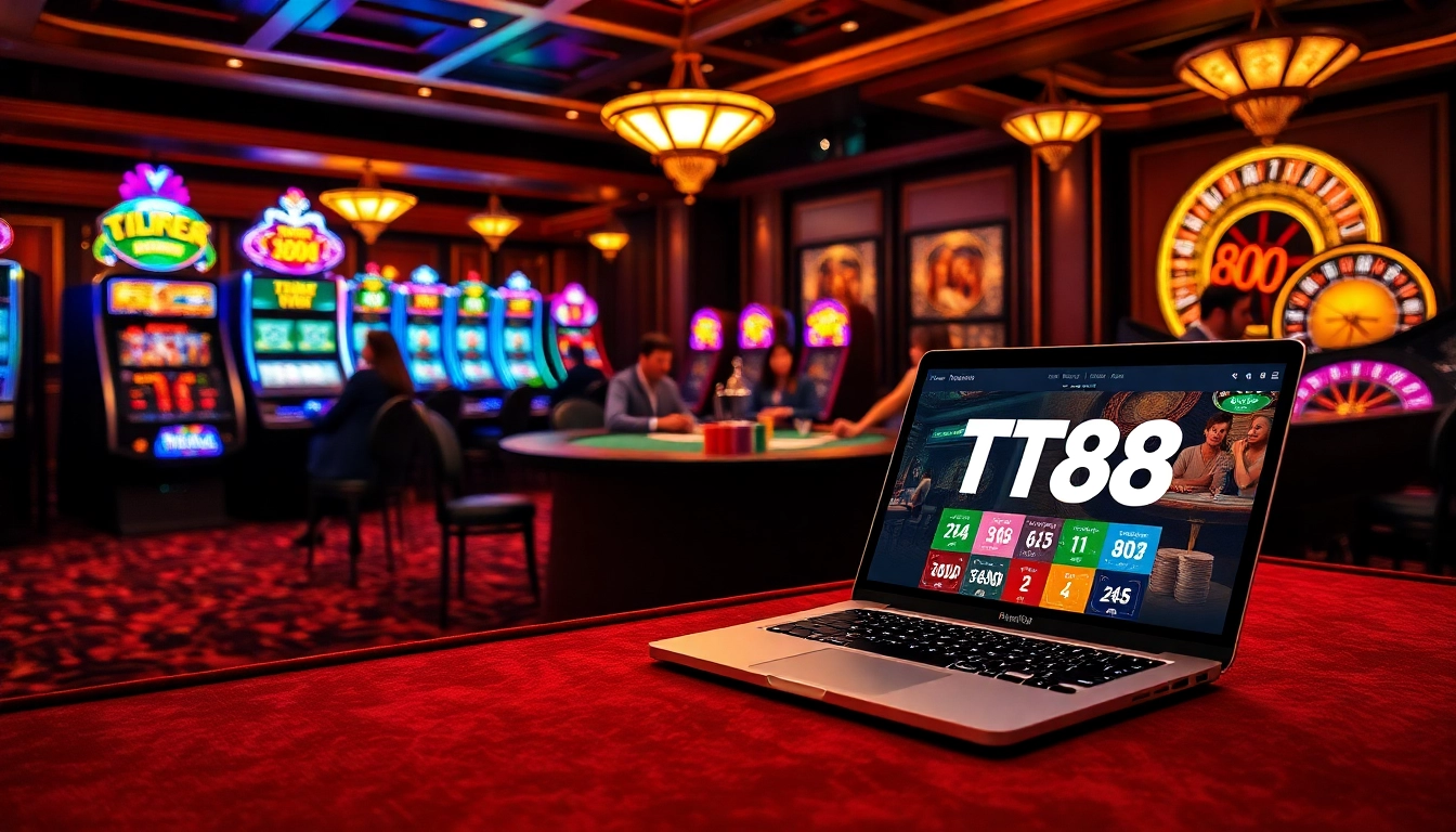 TT88 players engaging in online poker amidst vibrant casino elements, showcasing excitement and strategy.