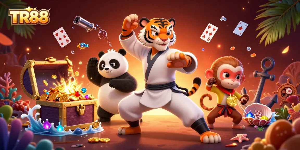 Engage with TR88's animated scene of a kung fu tiger, panda, and monkey amidst vibrant casino treasures.
