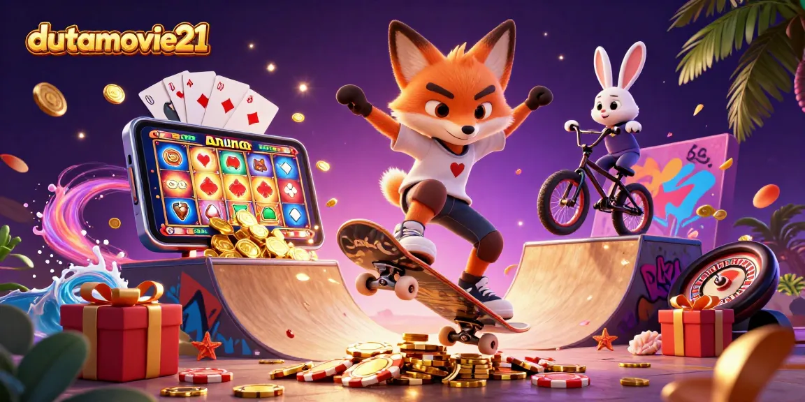 Experience dutamovie21's vibrant casino adventure with animated characters and gaming elements.