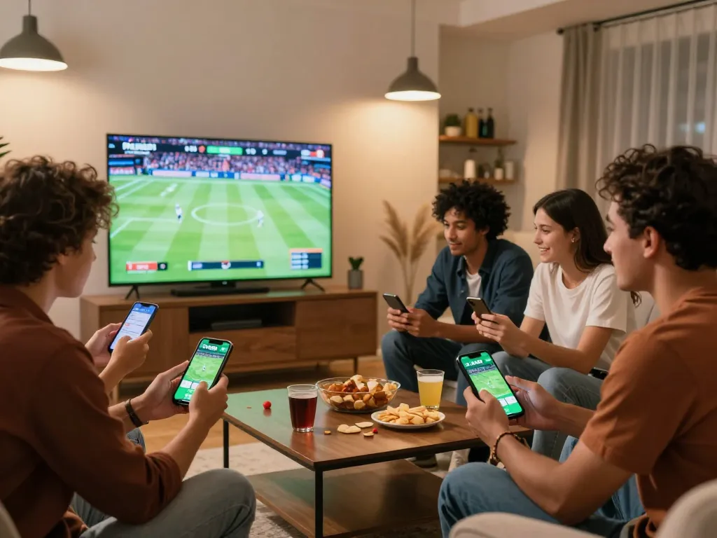 Friends engaging in thrilling sports betting through the Fo88 app in a modern living room setting.
