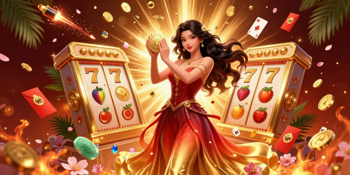 xinslot energizes with vibrant slot elements and a stunning Asian woman holding a golden coin.