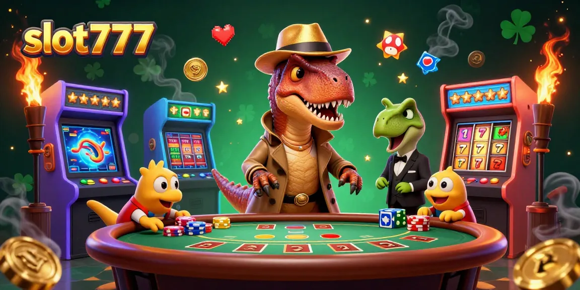 Catch thrilling action at slot777 with a velociraptor card counter and gaming fun in a vibrant casino scene.