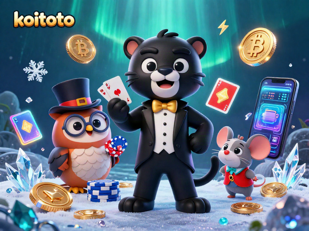 Koitoto elevates poker night with a stylish panther dealer, owl chip holder, and lucky mouse, surrounded by crypto elements.