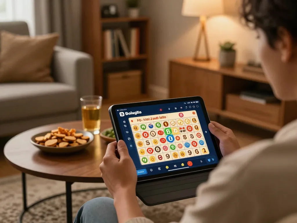 Engaging in Bolagila Judi Lotto online gaming from a cozy home setup, emphasizing user-friendly interface and strategic focus.