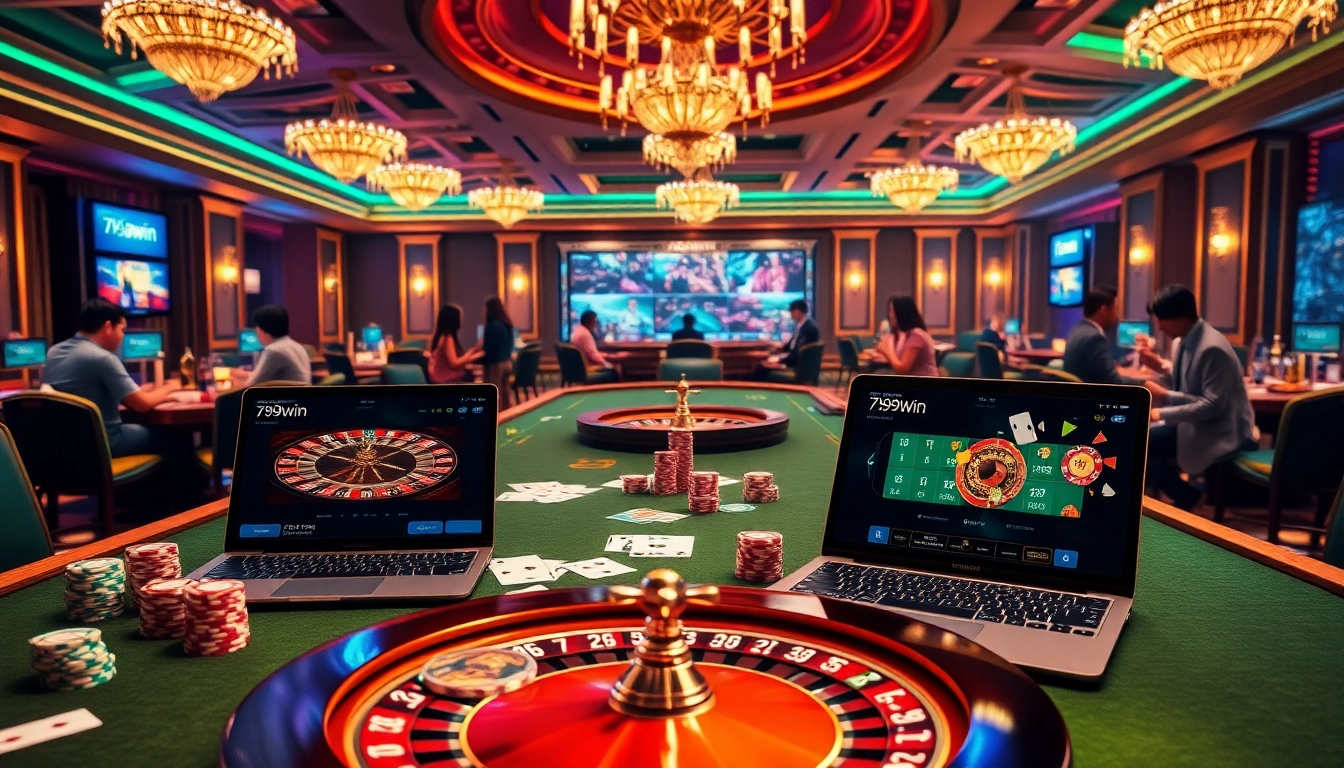 Experience the thrill of betting at the 789win link with a luxurious casino atmosphere filled with vibrant poker chips and a roulette wheel.