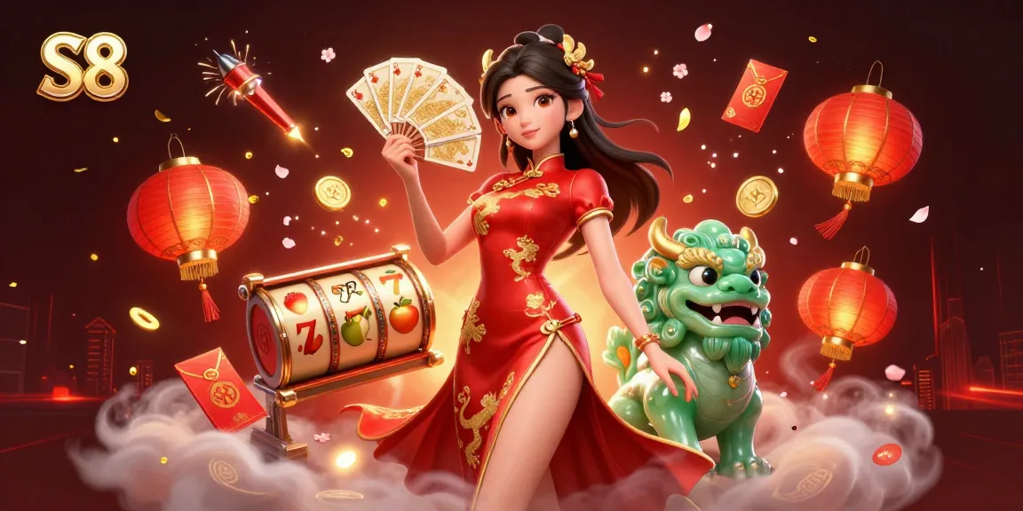 Experience thrilling gameplay at S8 with a vibrant illustration of a captivating casino scene featuring a woman in a qipao, showcasing golden playing cards.