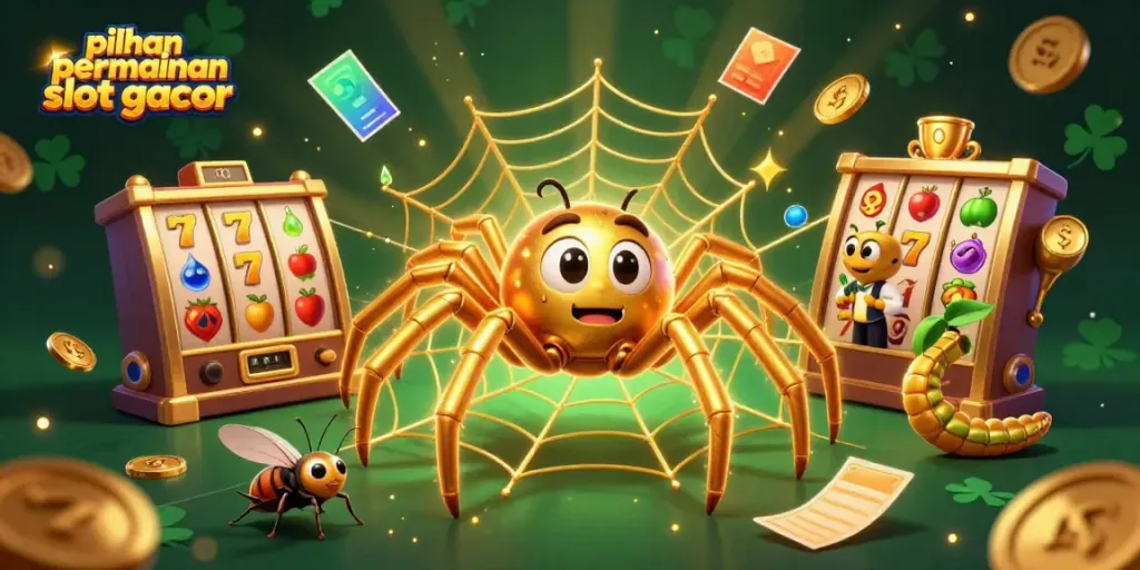 Melihat pilihan permainan slot gacor dengan spidernya yang memutar jaring emas dan simbol slot yang berbeda.