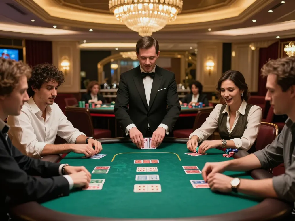 F168 players engaging competitively at a polished poker table in a luxurious casino