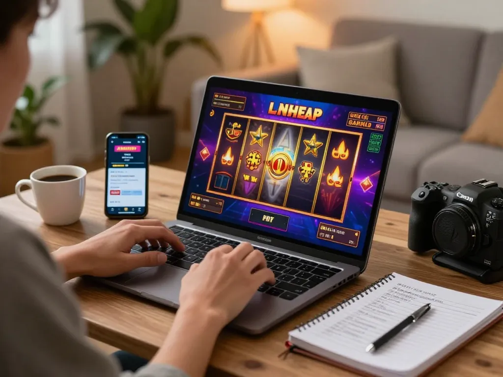 Engaging in online gambling with BK33 on a laptop, showcasing exciting slot game graphics and strategy notes.