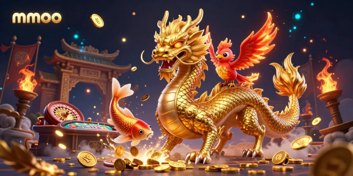 Experience the thrilling action of mmoo with a vibrant scene of a golden dragon and phoenix amidst casino elements.