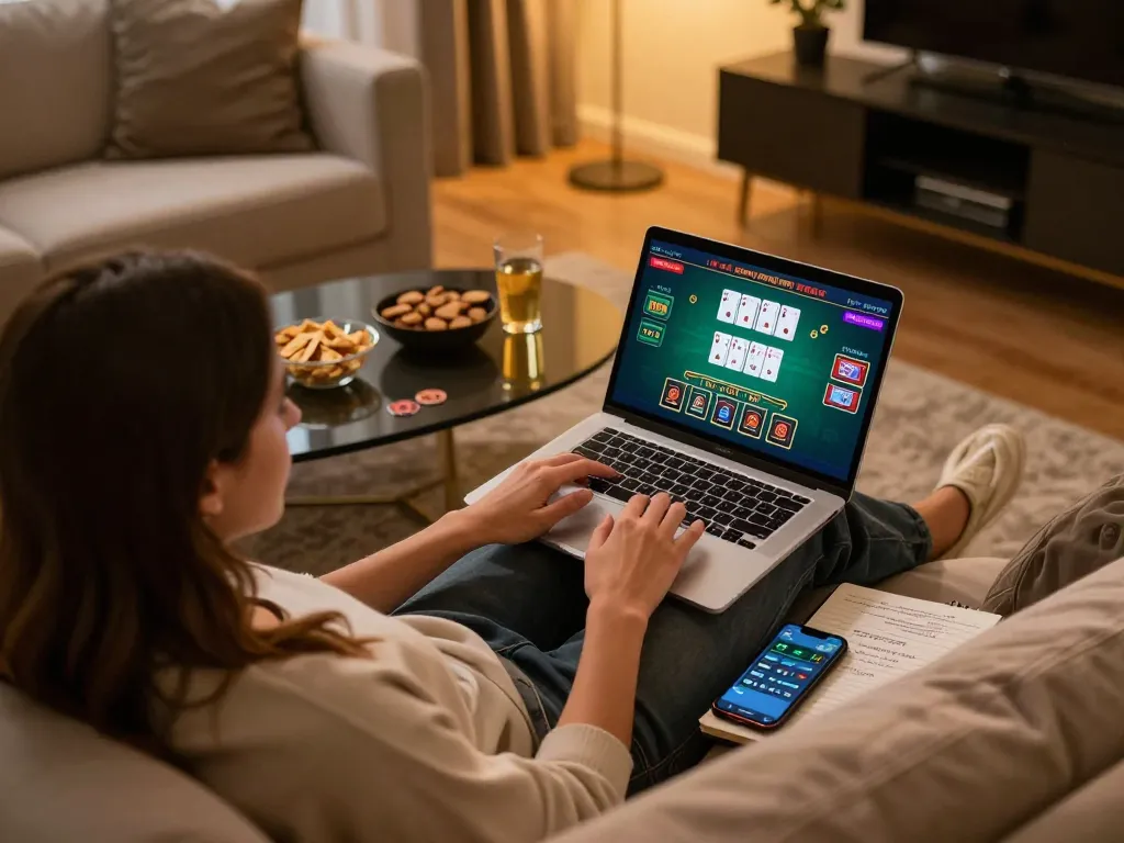 Engaging in an online blackjack game at home with F8bet com on the laptop, showcasing a stylish gaming setup.