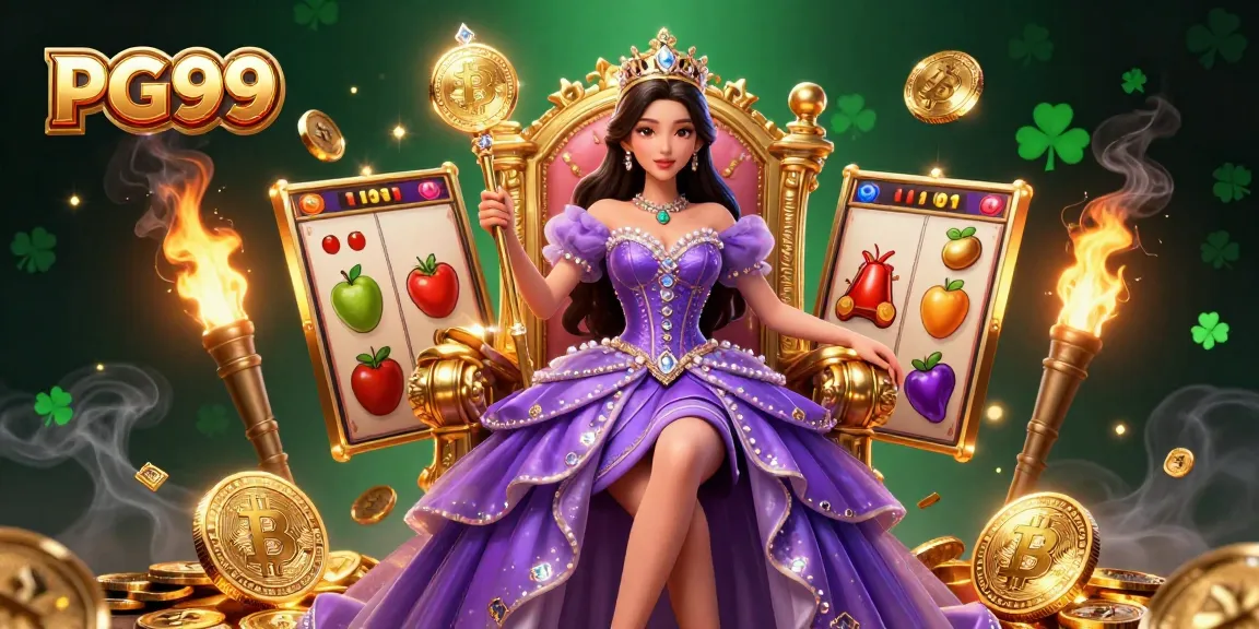 Spin the reels at PG99 with a stunning royal princess amidst dynamic slot elements.