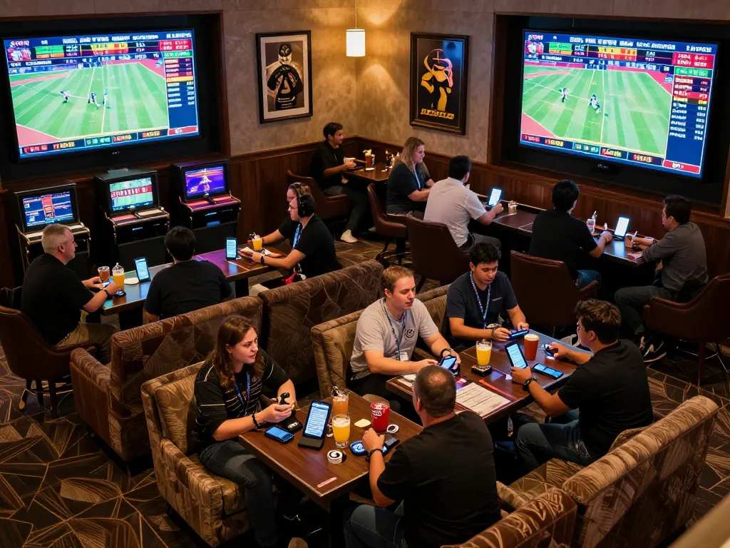 TOPBET betting action in a lively sports lounge with fans engaged in live bets