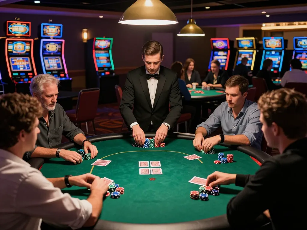 Players engaging intensely in a high-stakes poker game at HIT CLUB casino, vibrant atmosphere.
