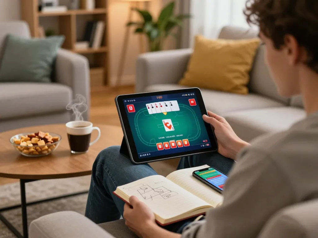 Player enjoying poker gameplay on tablet at home, showcasing dash88 experience with coffee and snacks.