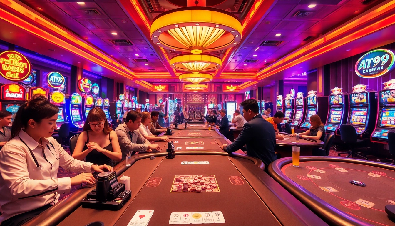Crowd enjoying games at AT99娛樂城 casino with dealers and vibrant neon lights.