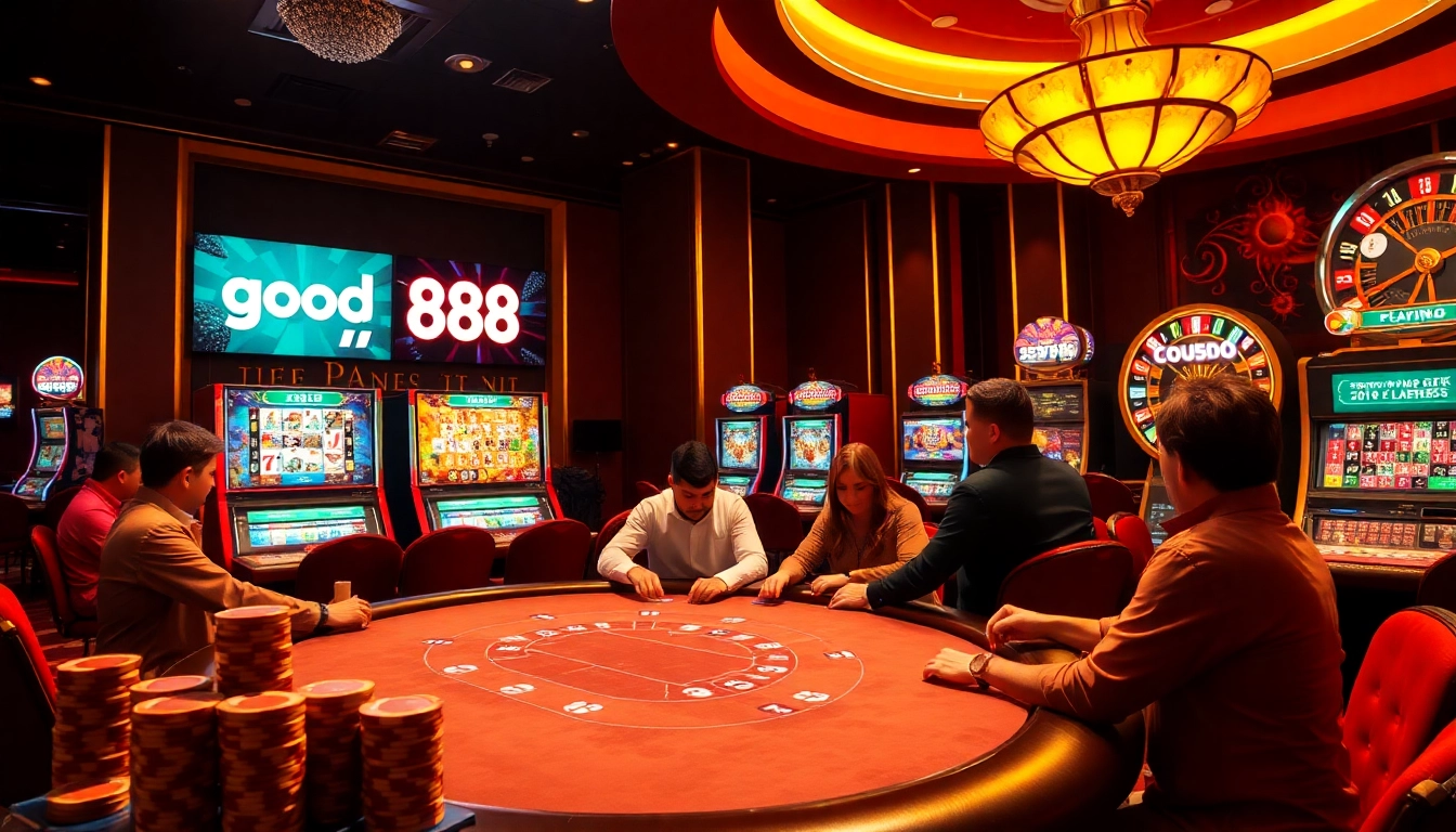 Players enjoying a thrilling poker game at good88 casino, surrounded by vibrant slot machines.