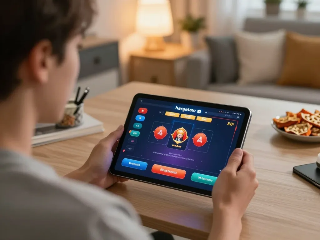 Pemain yang terlibat menikmati slot online hargatoto di tablet dengan dekorasi yang nyaman.
